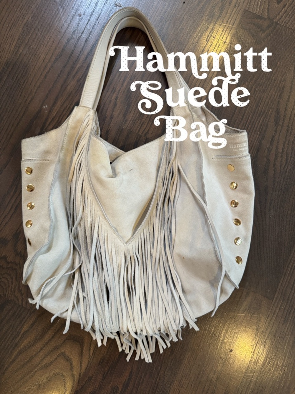 Hammitt Cream Suede Fringe Shoulder Bag with Gold Accents